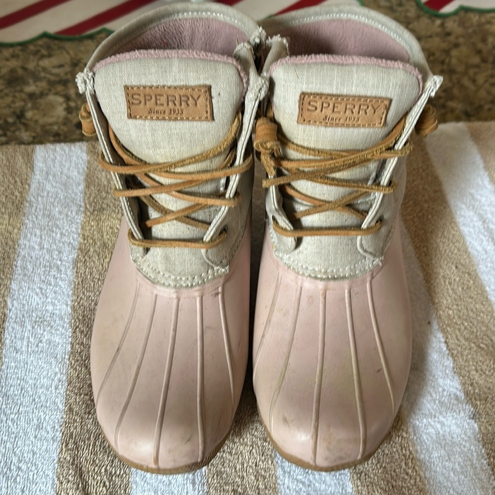 Sperry pink and cream rain boots
